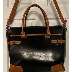 ENMAIN Genuine Brown/Black Leather Padded Laptop Tote Business Handbag office